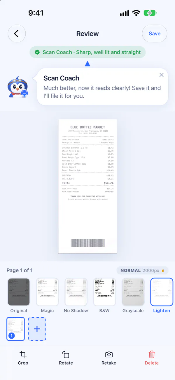 Scan Coach with Pip confirming that a receipt scan is sharp, well lit and straight.