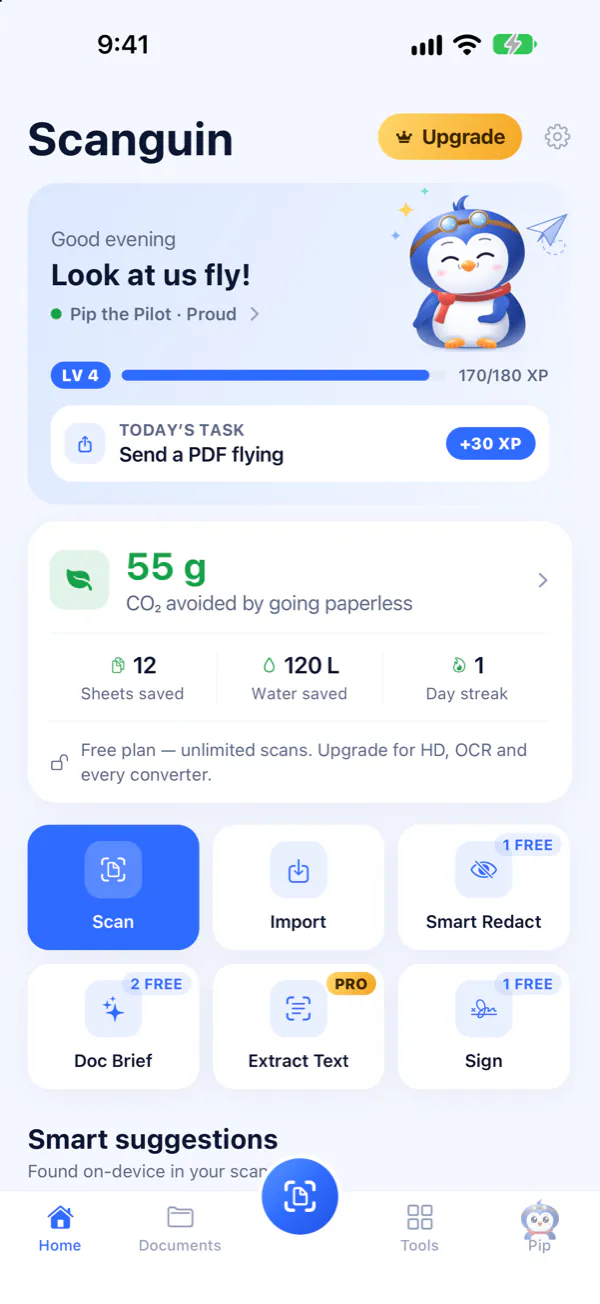 Scanguin’s Home screen: Pip’s card with today’s task, the paper you have saved, and the tools.