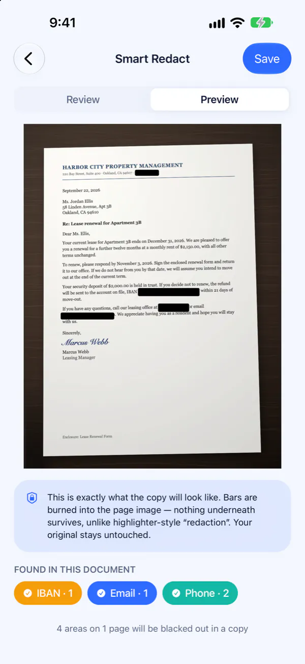 Smart Redact preview: a letter with its IBAN, email address and phone numbers covered by black bars.